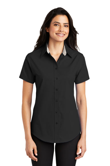 Port Authority L508 Womens Easy Care Wrinkle Resistant Short Sleeve Button Down Shirt Black Front