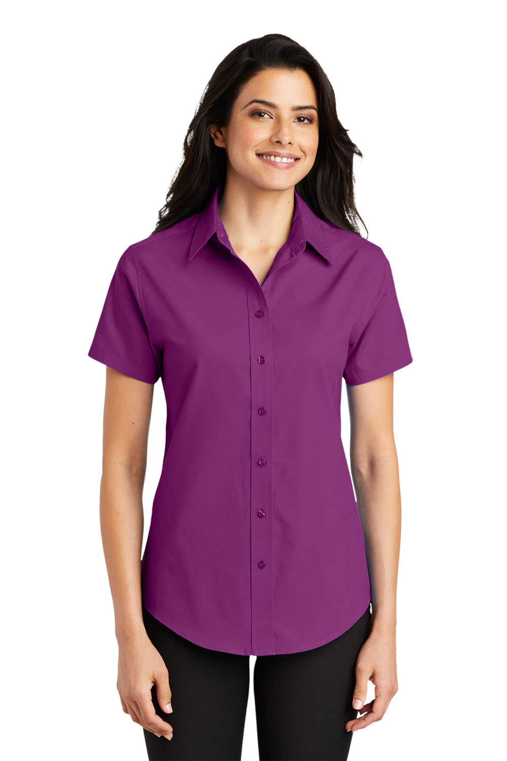 Port Authority L508 Womens Easy Care Wrinkle Resistant Short Sleeve Button Down Shirt Deep Berry Purple Front