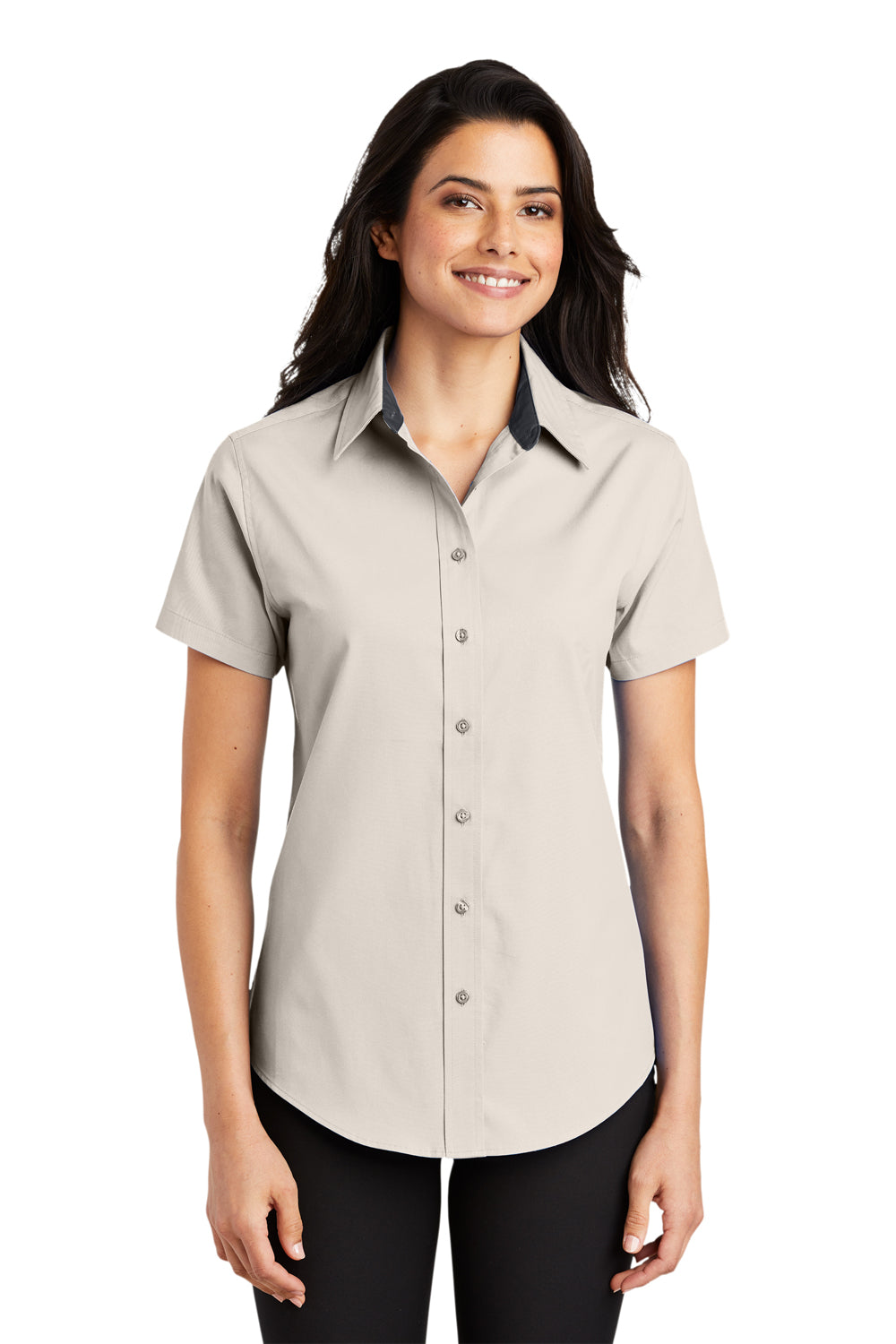 Port Authority L508 Womens Easy Care Wrinkle Resistant Short Sleeve Button Down Shirt Light Stone Front