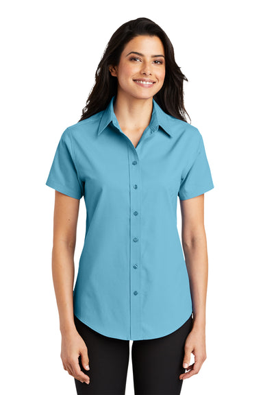 Port Authority L508 Womens Easy Care Wrinkle Resistant Short Sleeve Button Down Shirt Maui Blue Front