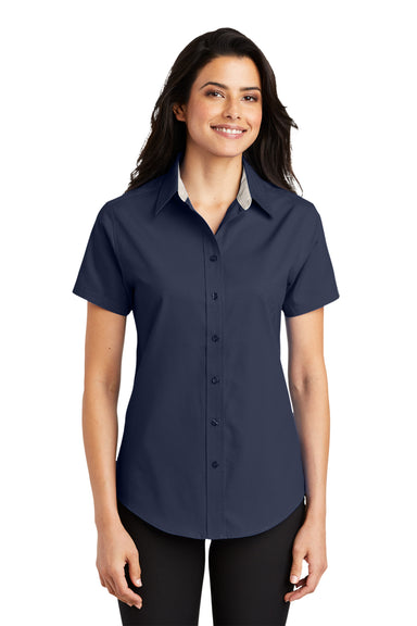Port Authority L508 Womens Easy Care Wrinkle Resistant Short Sleeve Button Down Shirt Navy Blue Front