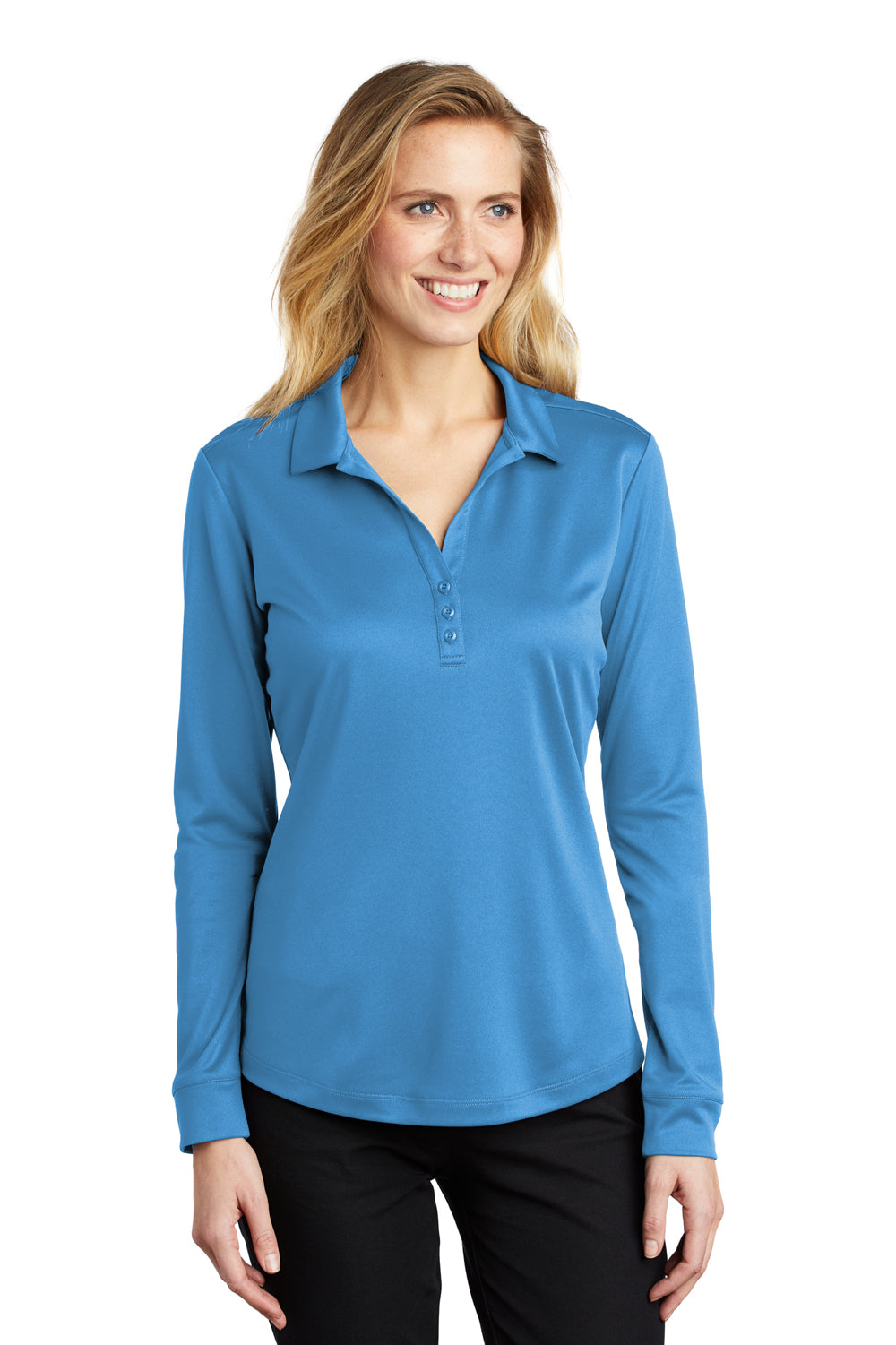 Port Authority Womens Silk Touch Performance Moisture Wicking Long Sleeve Polo Shirt Carolina Blue Front