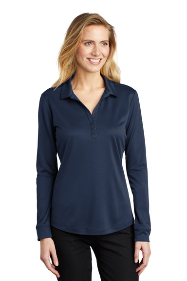 Port Authority Womens Silk Touch Performance Moisture Wicking Long Sleeve Polo Shirt Navy Blue Front