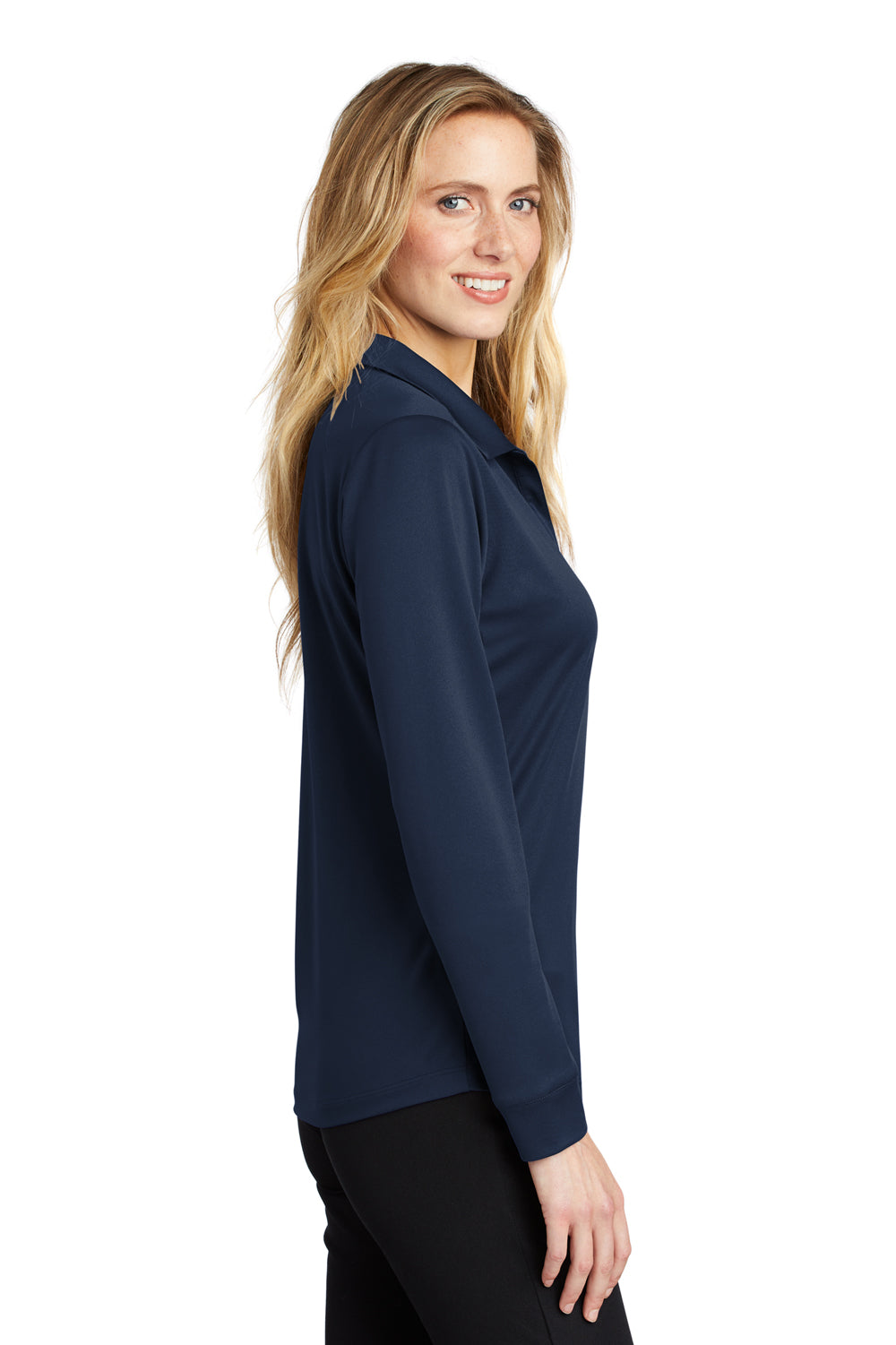 Port Authority Womens Silk Touch Performance Moisture Wicking Long Sleeve Polo Shirt Navy Blue Side