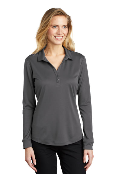 Port Authority Womens Silk Touch Performance Moisture Wicking Long Sleeve Polo Shirt Steel Grey Front