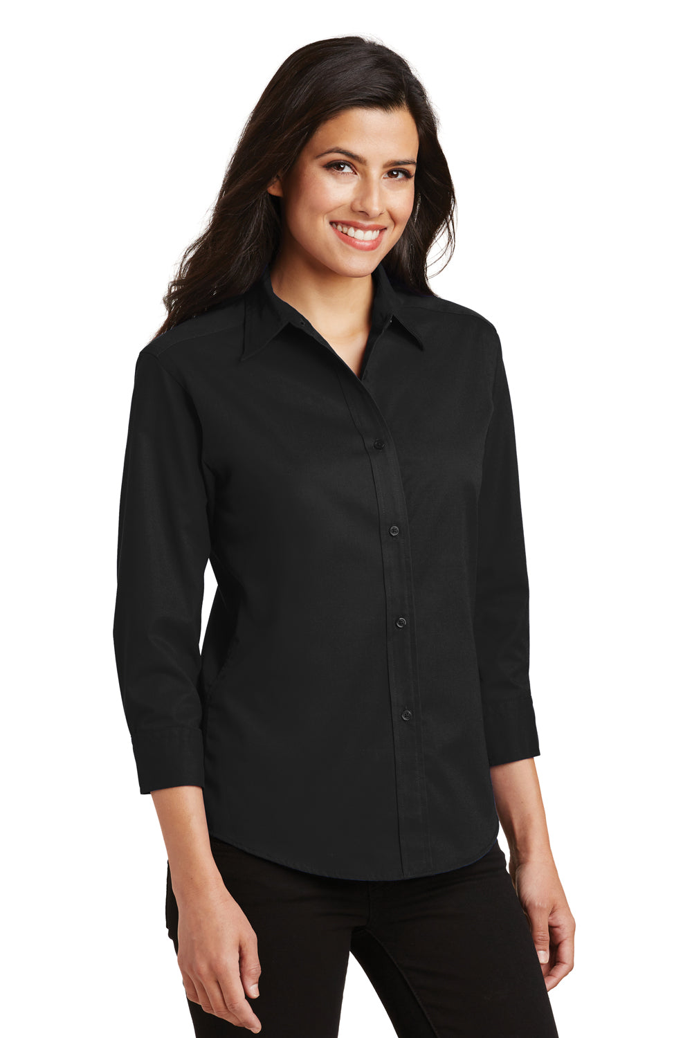 Port Authority L612 Womens Easy Care Wrinkle Resistant 3/4 Sleeve Button Down Shirt Black 3Q