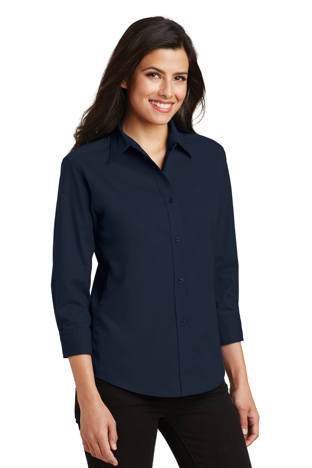 Port Authority L612 Womens Easy Care Wrinkle Resistant 3/4 Sleeve Button Down Shirt Navy Blue 3Q