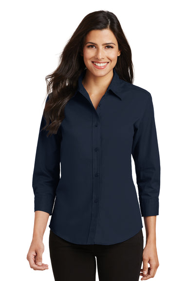 Port Authority L612 Womens Easy Care Wrinkle Resistant 3/4 Sleeve Button Down Shirt Navy Blue Front