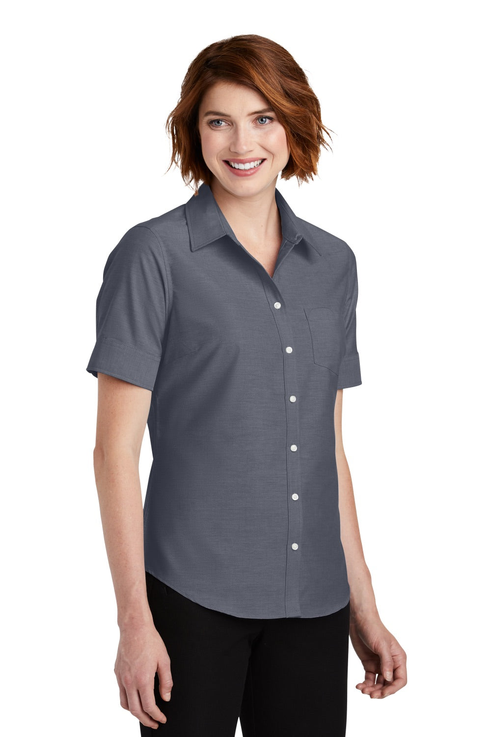 Port Authority L659 Womens SuperPro Oxford Wrinkle Resistant Short Sleeve Button Down Shirt w/ Pocket Black 3Q