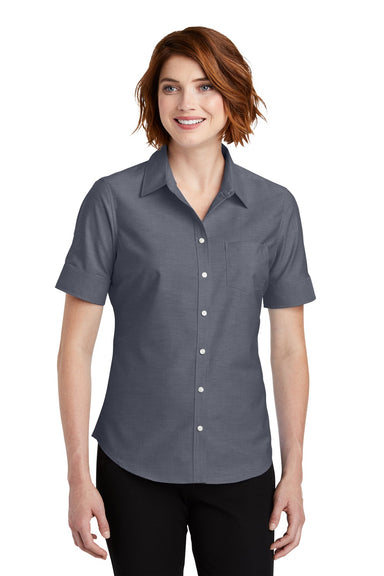 Port Authority L659 Womens SuperPro Oxford Wrinkle Resistant Short Sleeve Button Down Shirt w/ Pocket Black Front