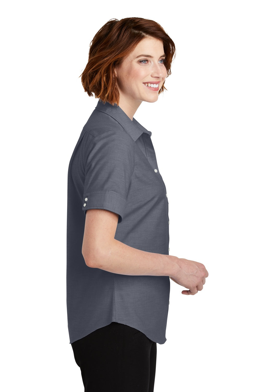 Port Authority L659 Womens SuperPro Oxford Wrinkle Resistant Short Sleeve Button Down Shirt w/ Pocket Black Side