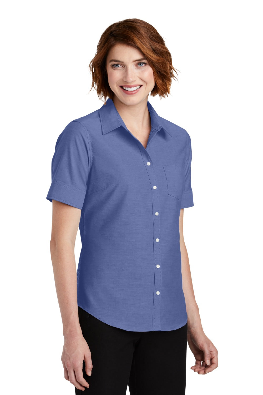 Port Authority L659 Womens SuperPro Oxford Wrinkle Resistant Short Sleeve Button Down Shirt w/ Pocket Navy Blue 3Q
