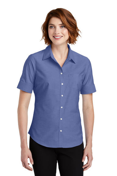 Port Authority L659 Womens SuperPro Oxford Wrinkle Resistant Short Sleeve Button Down Shirt w/ Pocket Navy Blue Front