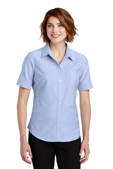 Port Authority L659 Womens SuperPro Oxford Wrinkle Resistant Short Sleeve Button Down Shirt w/ Pocket Oxford Blue Front