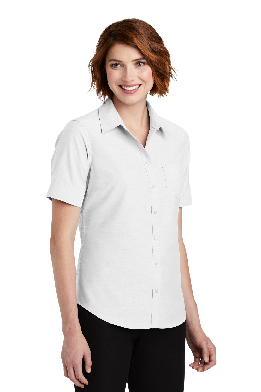 Port Authority L659 Womens SuperPro Oxford Wrinkle Resistant Short Sleeve Button Down Shirt w/ Pocket White 3Q