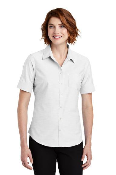 Port Authority L659 Womens SuperPro Oxford Wrinkle Resistant Short Sleeve Button Down Shirt w/ Pocket White Front