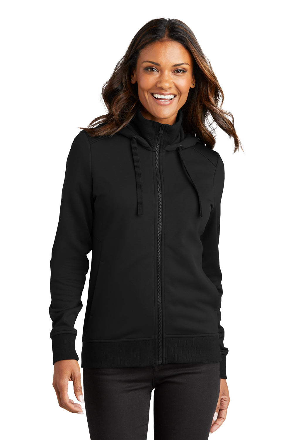 Port Authority L814 Womens Smooth Fleece Full Zip Hooded Jacket Deep Black Front