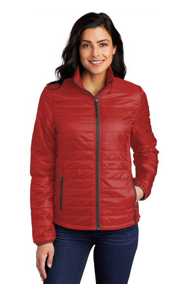 Port Authority Womens Packable Puffy Full Zip Jacket Fire Red/Graphite Grey Front