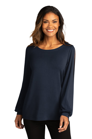 Port Authority Womens Luxe Knit Long Sleeve Wide Neck T-Shirt River Navy Blue Front