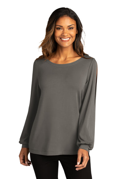 Port Authority Womens Luxe Knit Long Sleeve Wide Neck T-Shirt Sterling Grey Front