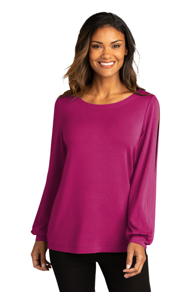 Port Authority Womens Luxe Knit Long Sleeve Wide Neck T-Shirt Wild Berry Front