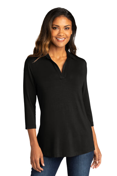Port Authority Womens Luxe Knit 3/4 Sleeve Polo Shirt Deep Black Front