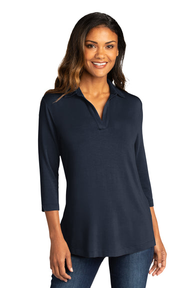 Port Authority Womens Luxe Knit 3/4 Sleeve Polo Shirt River Navy Blue Front