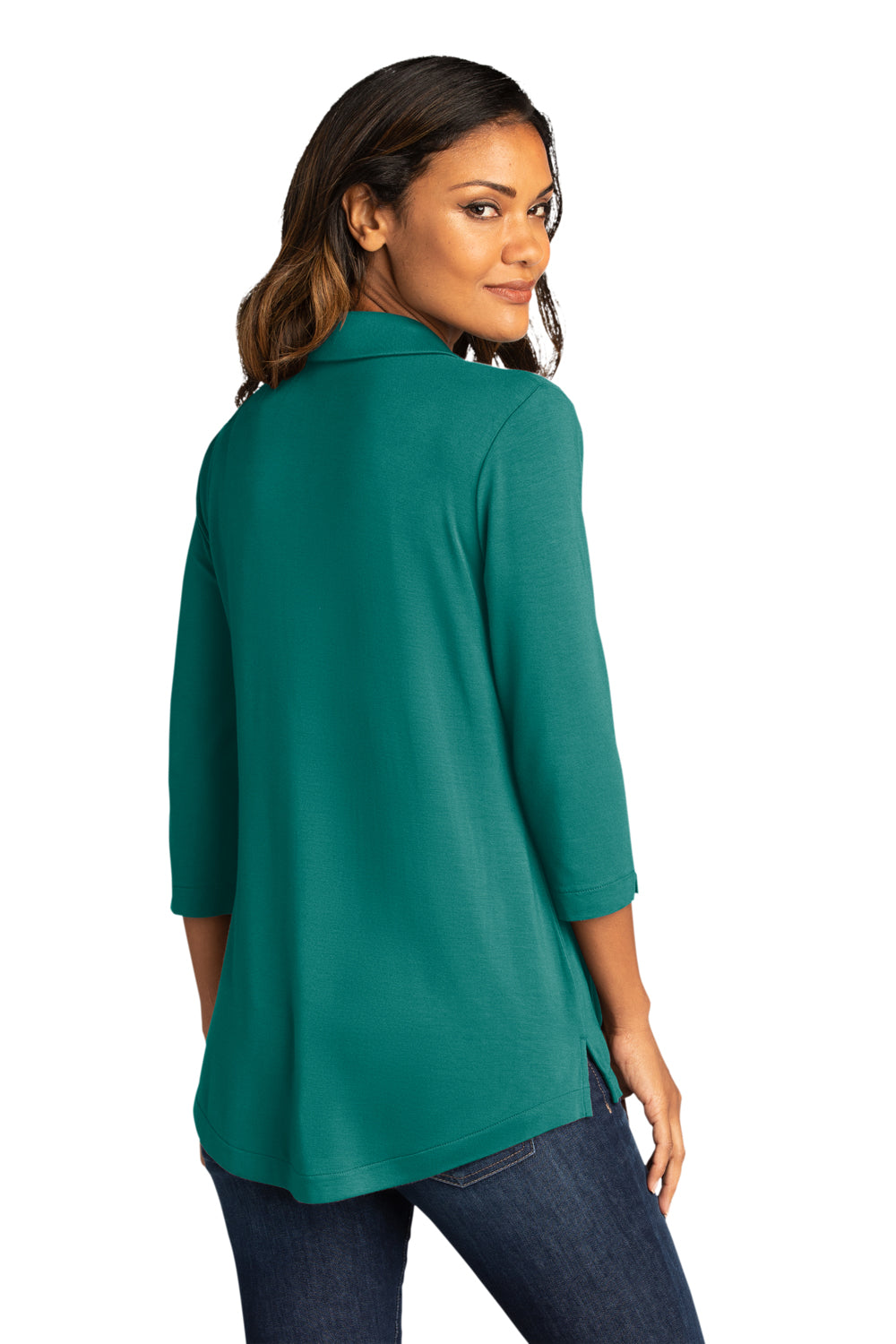 Port Authority Womens Luxe Knit 3/4 Sleeve Polo Shirt Teal Green Side