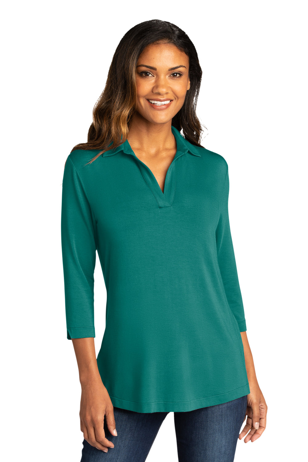 Port Authority Womens Luxe Knit 3/4 Sleeve Polo Shirt Teal Green Front