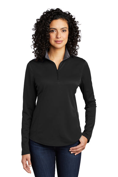 Port Authority Womens Performance Silk Touch 1/4 Zip Sweatshirt Black/Steel Grey Front