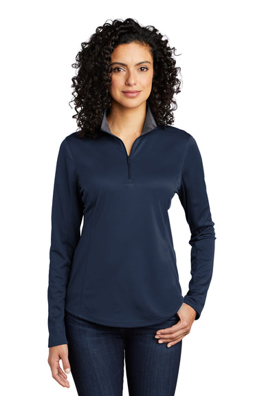 Port Authority Womens Performance Silk Touch 1/4 Zip Sweatshirt Navy Blue/Steel Grey Front