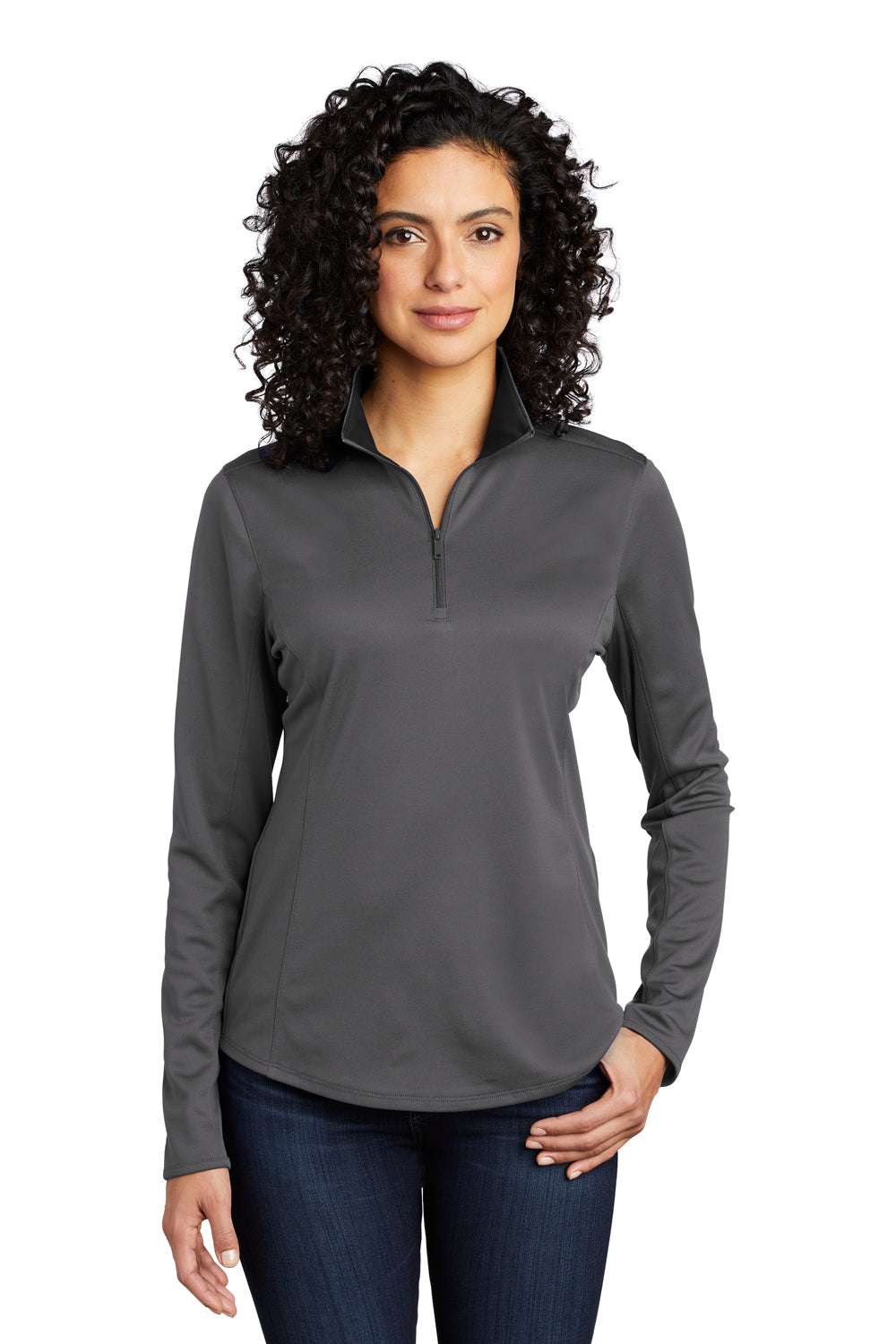 Port Authority Womens Performance Silk Touch 1/4 Zip Sweatshirt Steel Grey/Black Front