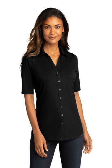 Port Authority Womens City Stretch Short Sleeve Button Down Shirt Black Front