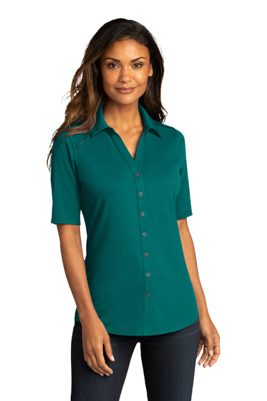 Port Authority Womens City Stretch Short Sleeve Button Down Shirt Dark Teal Green Front