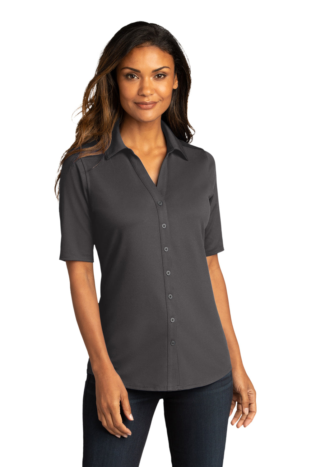 Port Authority Womens City Stretch Short Sleeve Button Down Shirt Graphite Grey Front