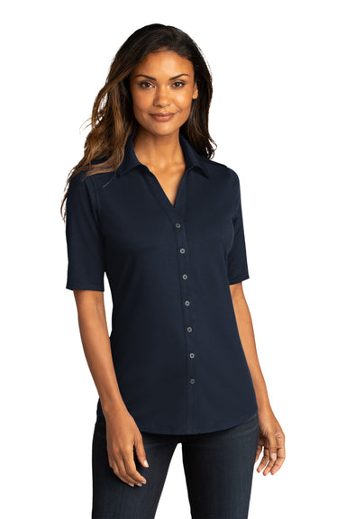 Port Authority Womens City Stretch Short Sleeve Button Down Shirt River Navy Blue Front