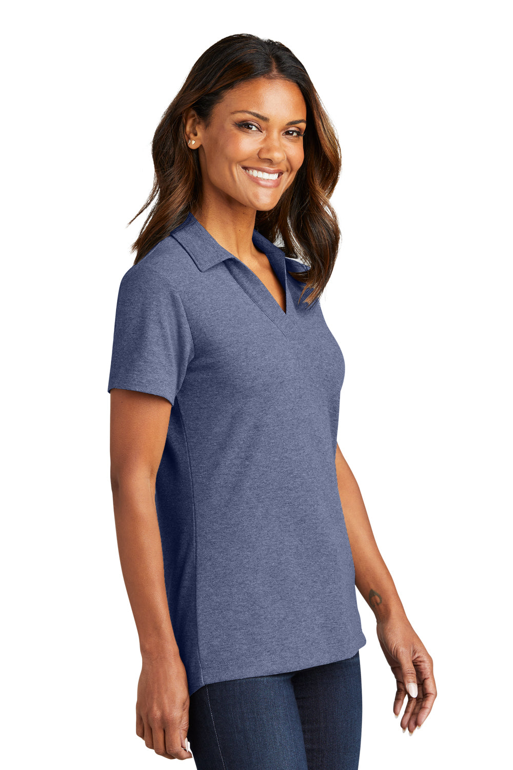 Port Authority LK867 Womens C-FREE Pique Short Sleeve Polo Shirt Heather Navy Blue Side