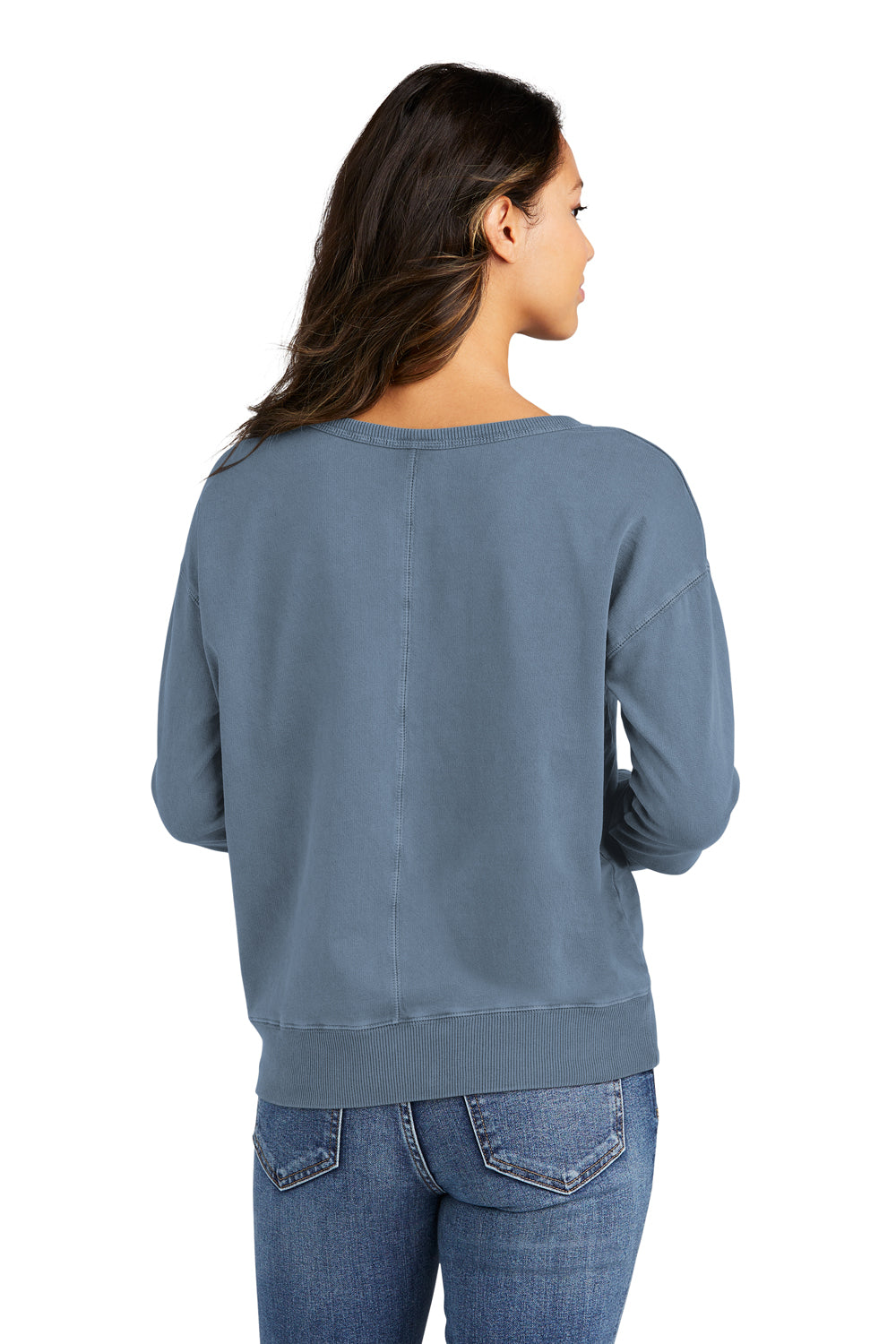 Port & Company LPC098V Womens Beach Wash Garment Dyed V-Neck Sweatshirt Faded Denim Blue Back