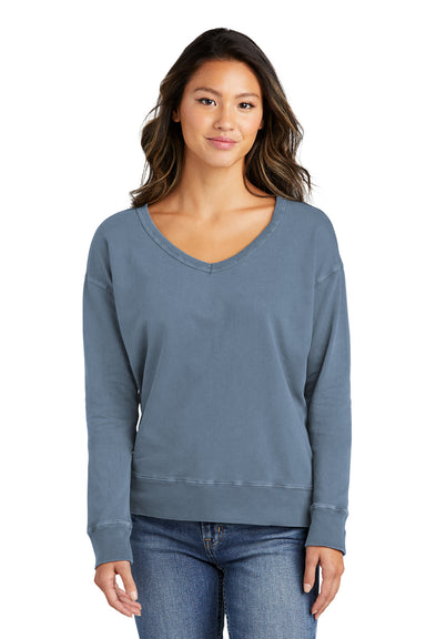 Port & Company LPC098V Womens Beach Wash Garment Dyed V-Neck Sweatshirt Faded Denim Blue Front