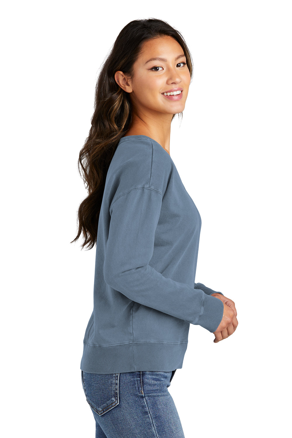 Port & Company LPC098V Womens Beach Wash Garment Dyed V-Neck Sweatshirt Faded Denim Blue Side