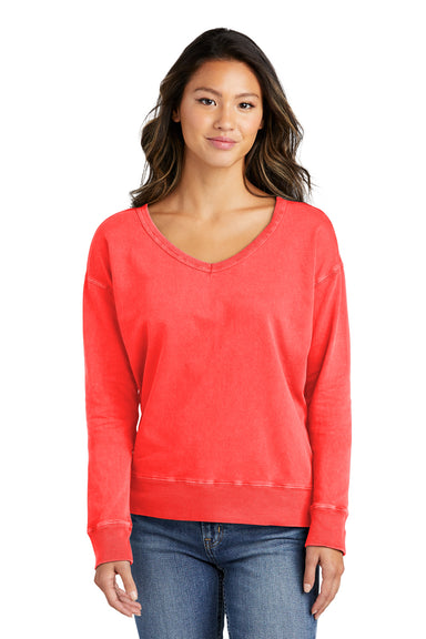 Port & Company LPC098V Womens Beach Wash Garment Dyed V-Neck Sweatshirt Poppy Red Front
