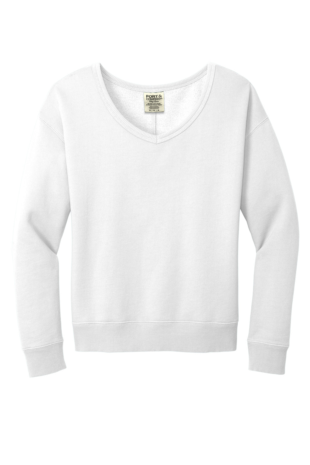 Port & Company LPC098V Womens Beach Wash Garment Dyed V-Neck Sweatshirt White Flat Front