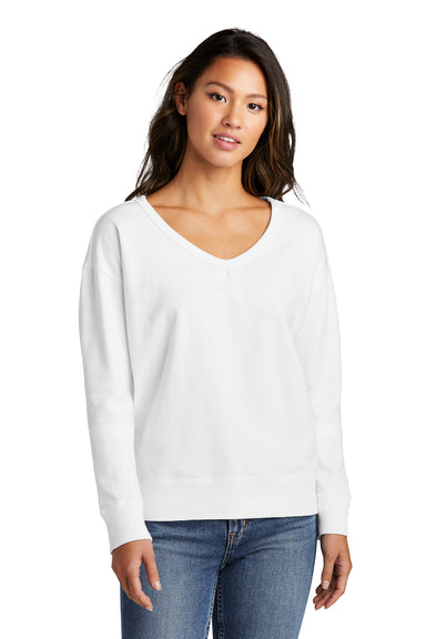 Port & Company LPC098V Womens Beach Wash Garment Dyed V-Neck Sweatshirt White Front