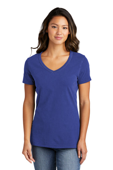 Port & Company LPC099V Womens Beach Wash Garment Dyed Short Sleeve V-Neck T-Shirt Blue Iris Front