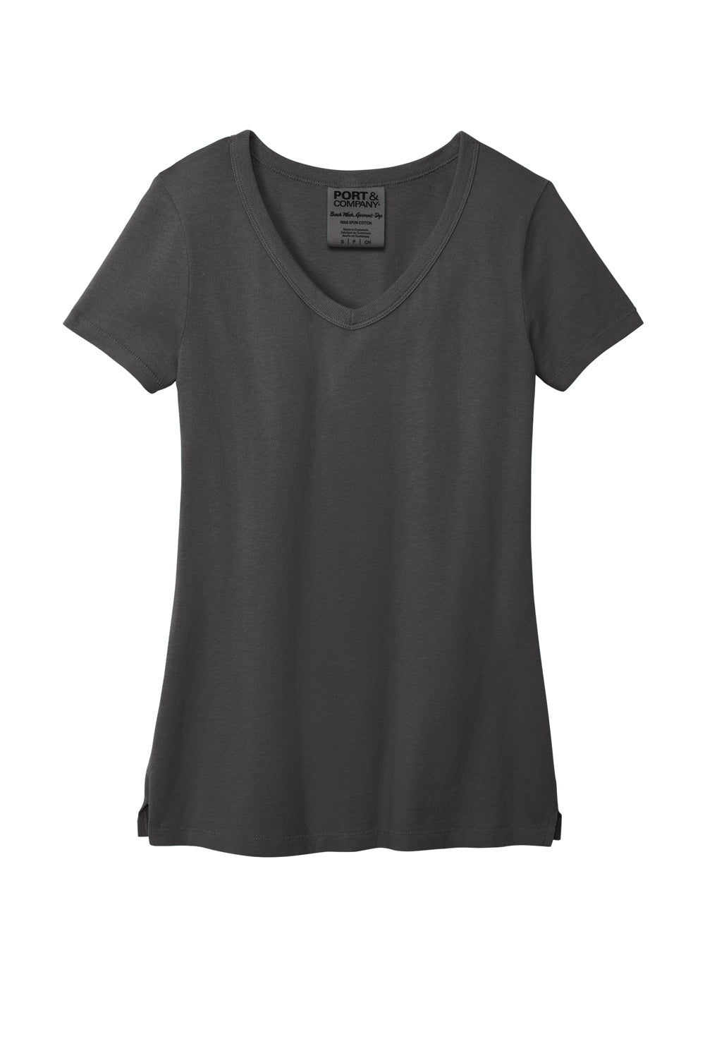 Port & Company LPC099V Womens Beach Wash Garment Dyed Short Sleeve V-Neck T-Shirt Coal Grey Flat Front