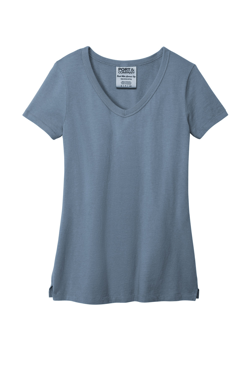 Port & Company LPC099V Womens Beach Wash Garment Dyed Short Sleeve V-Neck T-Shirt Faded Denim Blue Flat Front