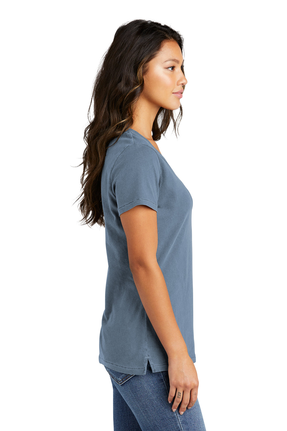 Port & Company LPC099V Womens Beach Wash Garment Dyed Short Sleeve V-Neck T-Shirt Faded Denim Blue Side