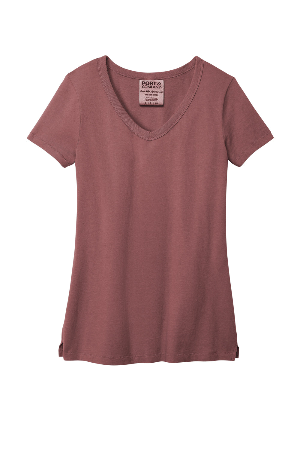 Port & Company LPC099V Womens Beach Wash Garment Dyed Short Sleeve V-Neck T-Shirt Nostalgia Rose Flat Front