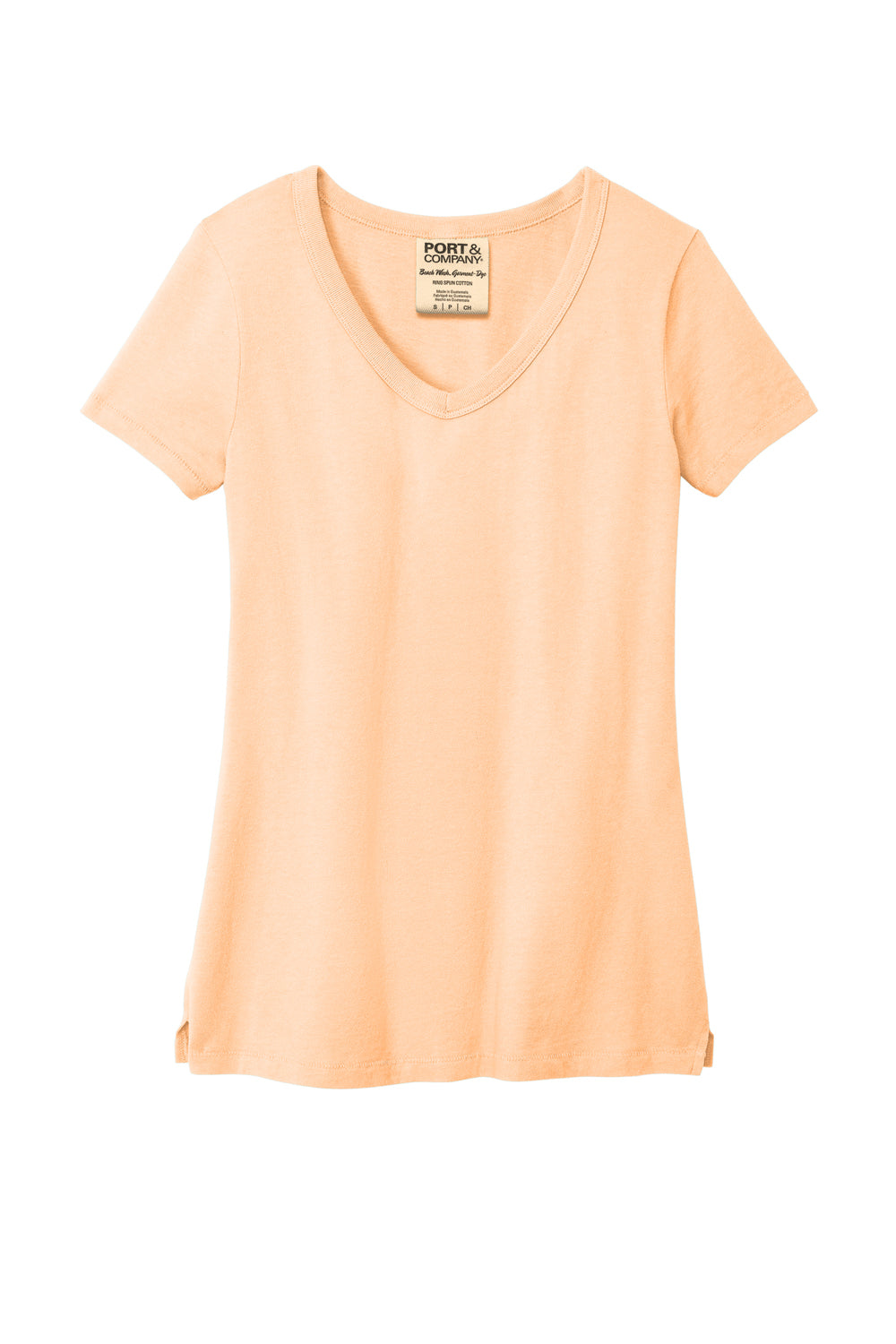 Port & Company LPC099V Womens Beach Wash Garment Dyed Short Sleeve V-Neck T-Shirt Peach Flat Front