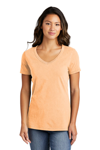 Port & Company LPC099V Womens Beach Wash Garment Dyed Short Sleeve V-Neck T-Shirt Peach Front